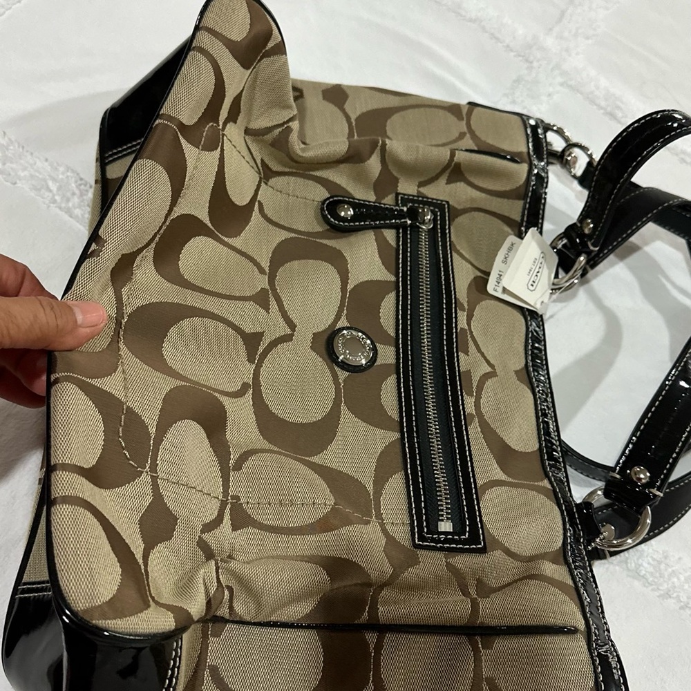 NEW Coach Khaki/Brown Signature Canvas Shoulder Bag with Black Trim